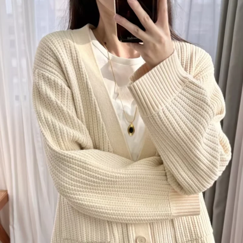 Y2k Clothes V-neck Tassel Edge Knitted Cardigan Jacket for Women's S Family, 2024 Autumn and Winter New Item, Casual Light Brown