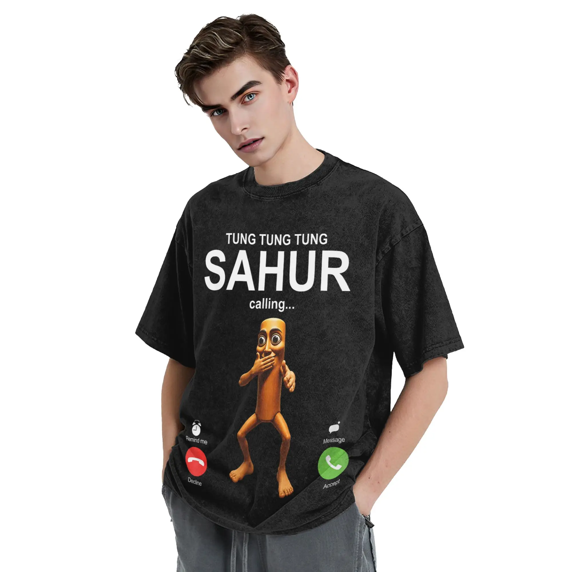 Tung Tung Tung Sahur Calling Funny Fishing Brainrot Joke Washed T Shirts Streetwear T-Shirt Tees for Men Women Short Sleeve