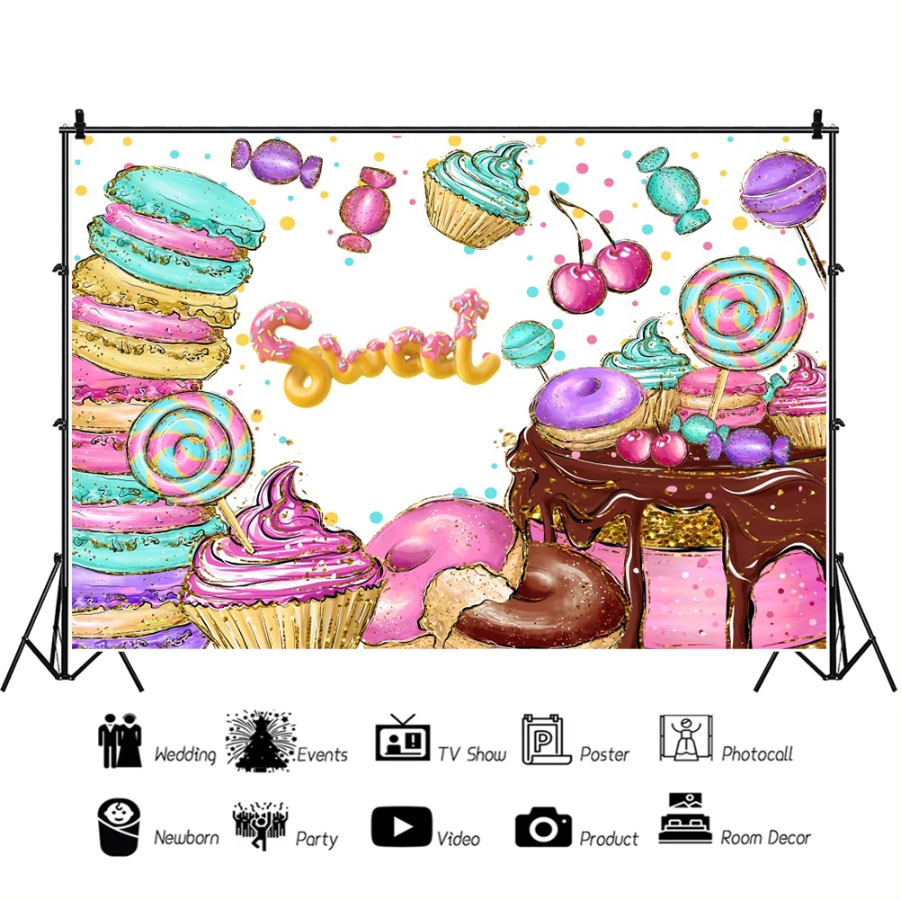 Laeacco Birthday Party Decoration Lollipop Donut Ice Cream Candy Background Painting Newborn Photo Photography Auxiliary Props