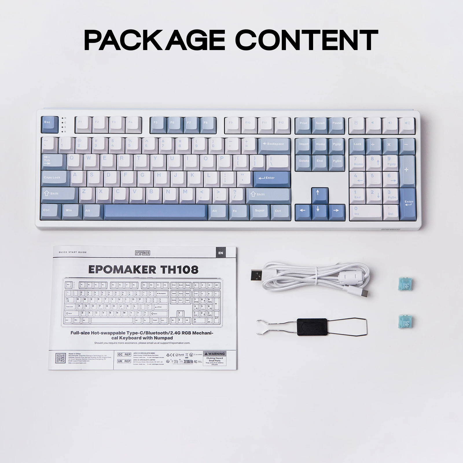 EPOMAKER TH108 100% 풀 사이즈 핫스왑 가스켓 장착 유선/블루투스/2.4Ghz 무선 기계식 키보드(10000mAh 배터리 포함)
