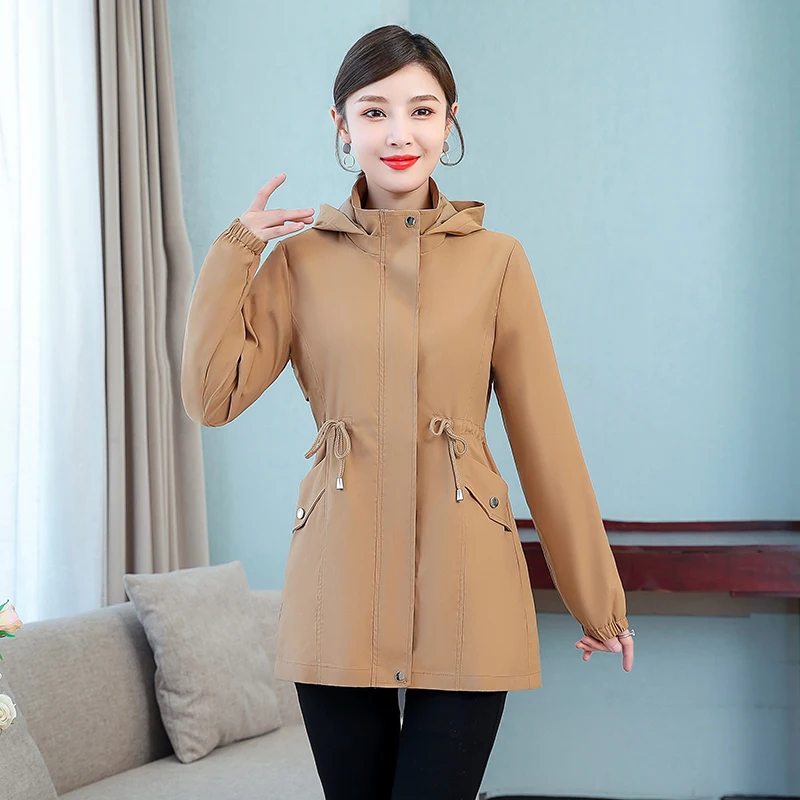 

New Women'S Mid To Long Style Spring Autumn Hooded Windbreaker Middle-Aged Mothers Waist Cinching And Slimming Jacket Coat