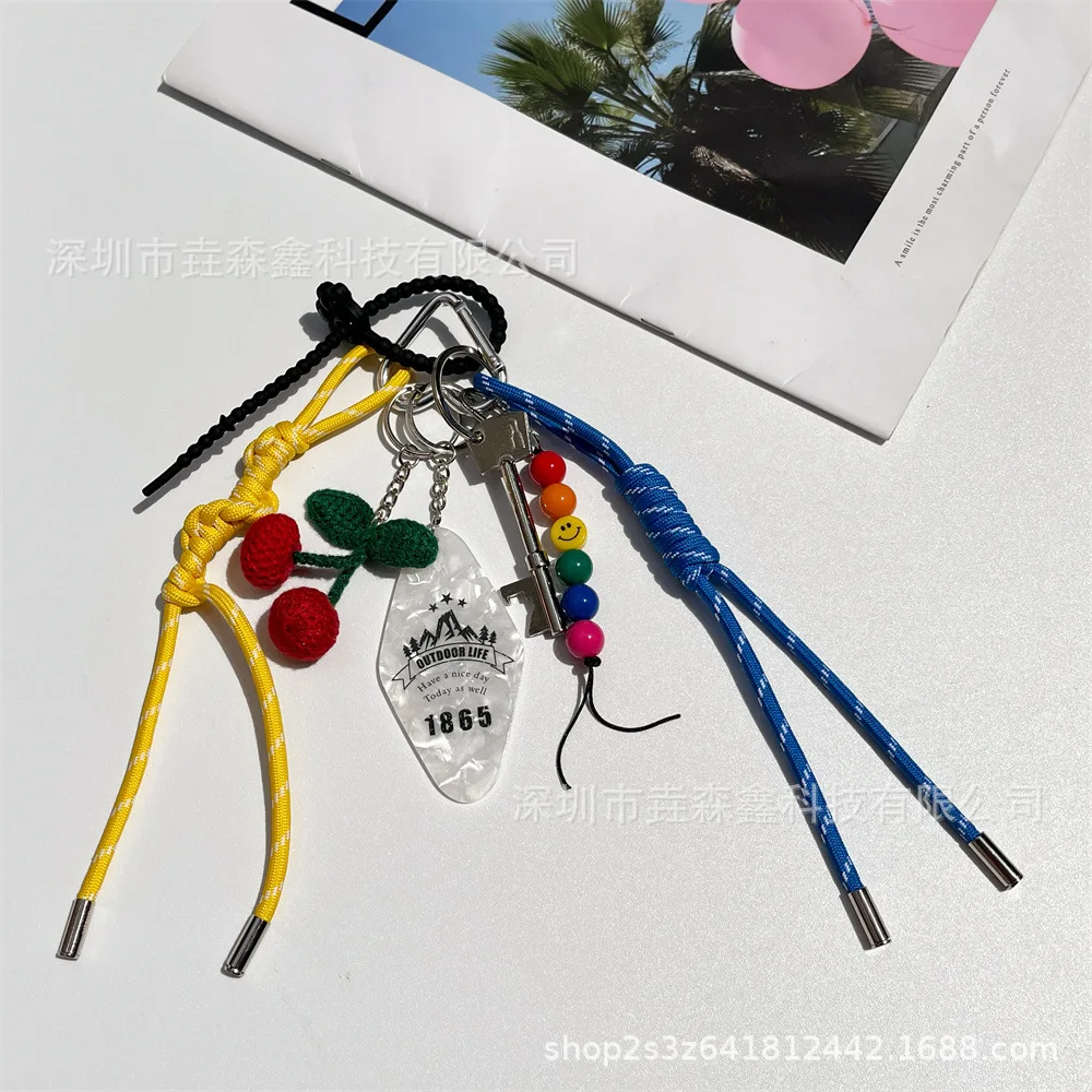 Original DIY Self-made Style pendant colored rope bag pendant smiley face rainbow beaded cherry bag pendant keychain