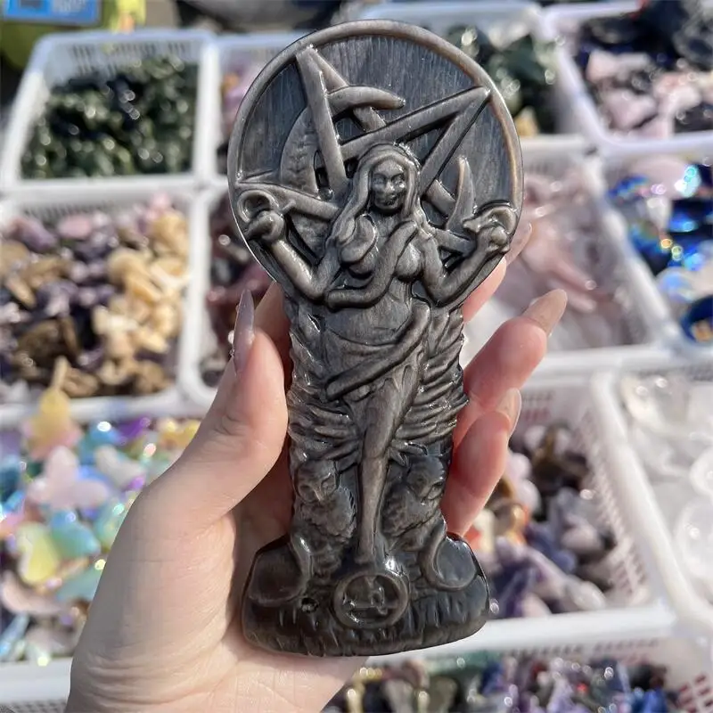 Natural Silver Obsidian Female Demon Carving Healing Reiki Halloween Gift Festival Craft For Decoration 1pcs