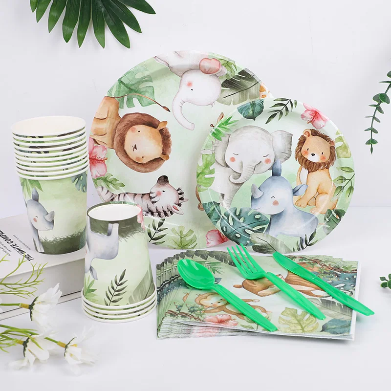 7/9Inch Animal Forest Paper Plate Disposable Tableware Cup Tissue Cutlery Plastic Knife Fork Spoon Cutlery Birthday Party Supply