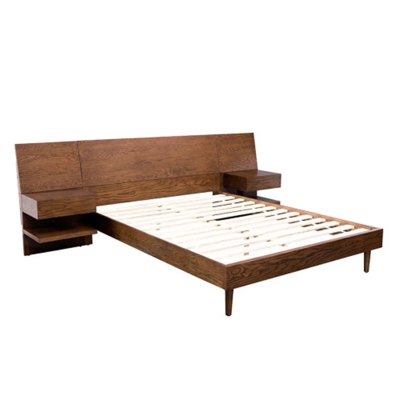 Queen size bedframe with 2 Nightstands.Solid wood frame Pecan wood finish Slats included