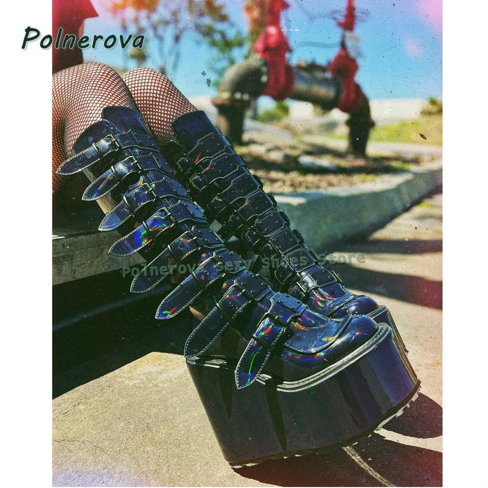

Metal Belt Buckle Platform Motorcycle Boots Round Toe Wedge Patchwork Punk Dark Y2K Knee High Boots Subculture Style 2025 Newest