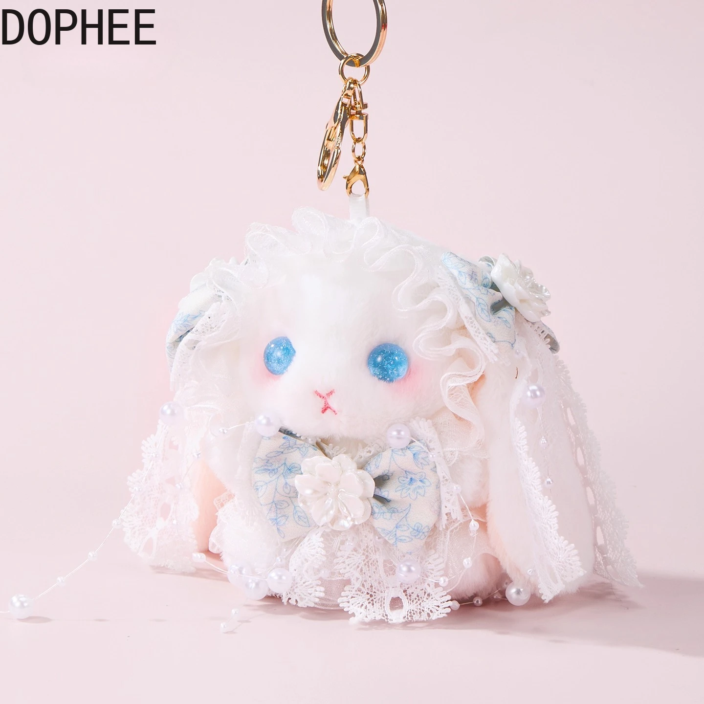 Pendentif lapin oreilles tombantes, travail manuel Original, mignon, porte-clés en peluche Lolita, perles de diamants, nœud en dentelle, décoration de sac à dos pour femmes