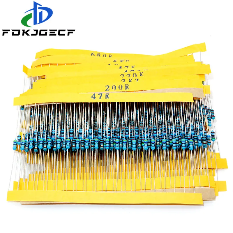 600pcs/set 30 Kinds 1/4W Resistance 1% Metal Film Resistor Pack Assorted Kit 1K 10K 100K 220ohm 1M Resistors 300pcs/set