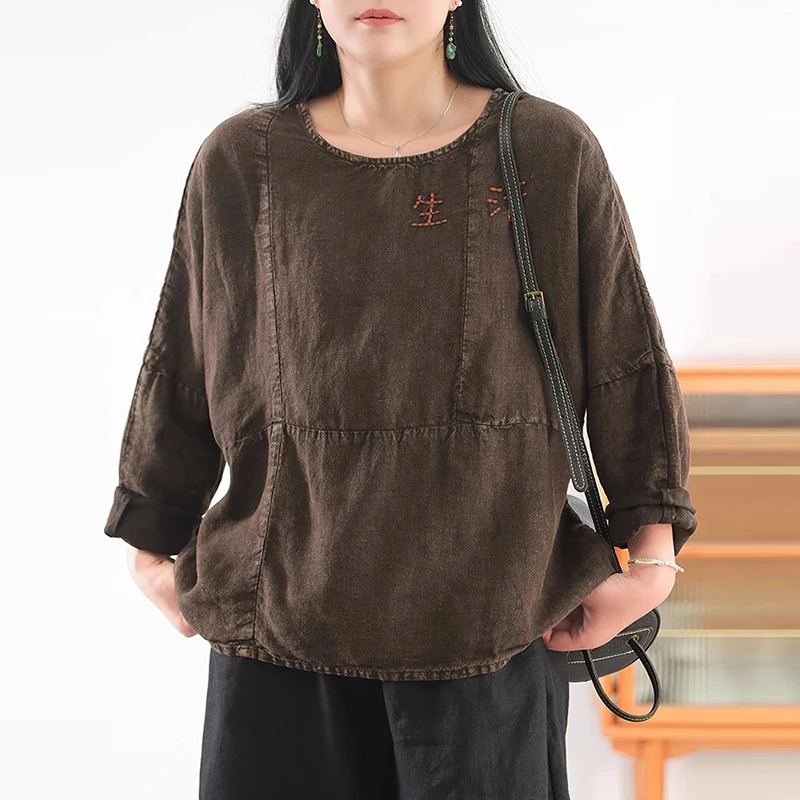 

100% льняная женская футболка с длинным рукавом, Новое поступление, осень 2022, винтажный стиль, свободные женские топы с круглым вырезом и вышивкой, футболки T691