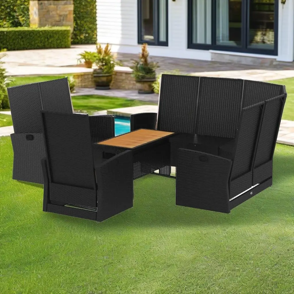 

4-Piece Black Poly Rattan Patio Lounge Set with Cushions - Outdoor Furniture for Garden & Deck