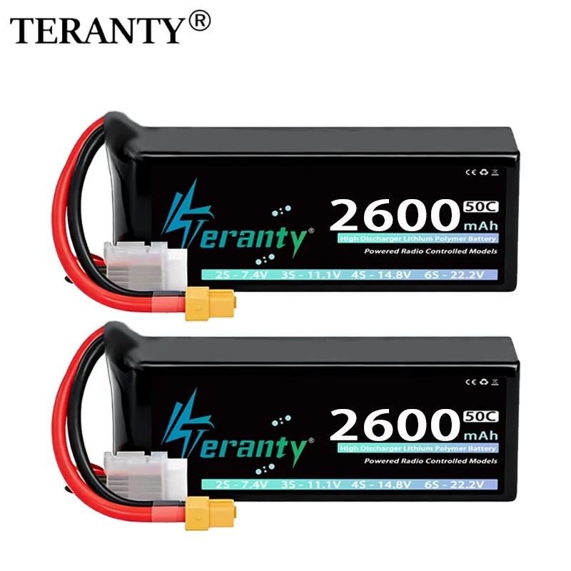 TERANTY – batterie Lipo 4S, 14.8V, 2600mAh, 50C/100C, Softcase avec prise T XT60, pour voiture, camion, Buggy, hélicoptère, avion, pièces de modèle RC, 2 pièces