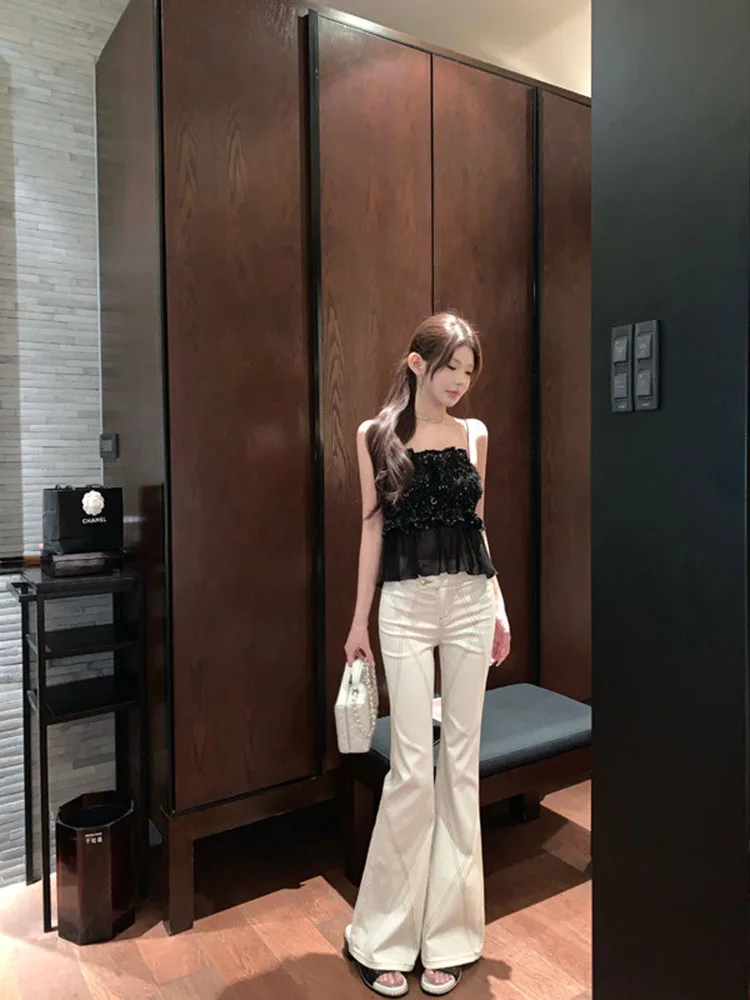 ハイウエストフレアジーンズ レディース ダブルバックル エラスティック フロア丈パンツ ブラック スリムフィット ストレッチパンツ セルフファブリックパッド