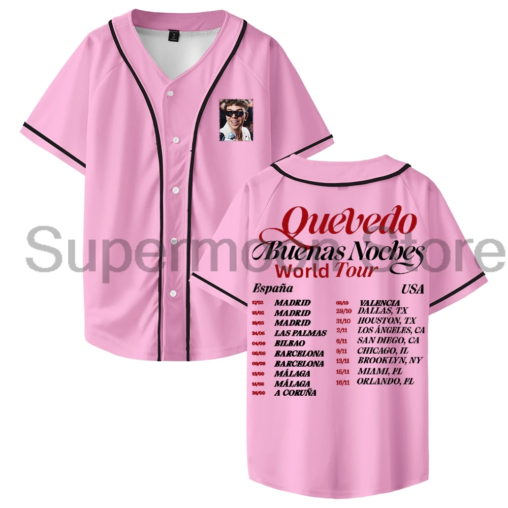 Quevedo Buenas Noches World Tour 2025 Baseball Jersey V-Neck Short Sleeve Button-up Shirts Women Men Streetwear Tops
