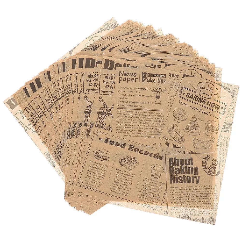 

100 Sheets Chicken Roll Wrapping Paper Food Wrap Greaseproof Sandwich Paper Newspaper Design French Fries Packaging Basket