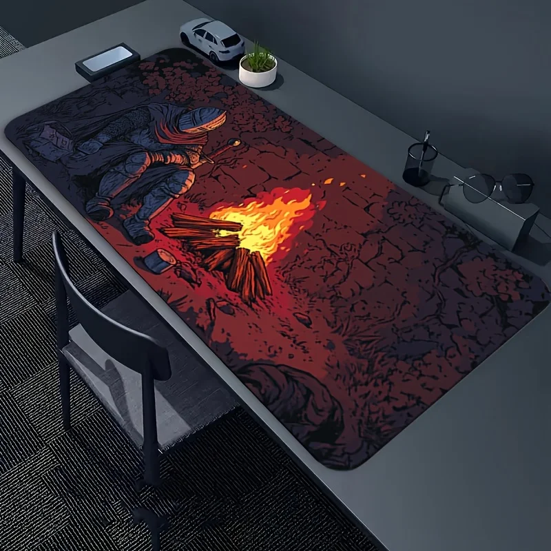 Hand-Painted Knight Campfire Mouse Pad, Polyester Diatomite Material - Ideal for Gaming, Office, and Home Use - Artistic Design Gift, Desk Mat