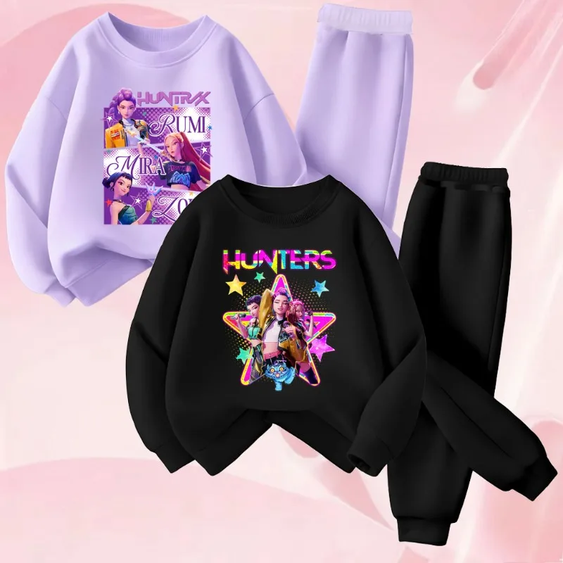 K-popcartoon imprimé printemps automne filles O cou sweats à capuche ensembles enfants sweat pantalon de survêtement 2 pièces costume enfants pull décontracté ensemble