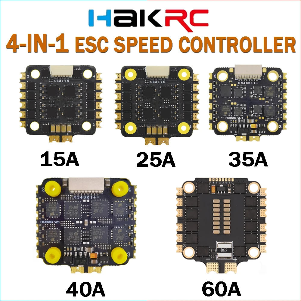 HAKRC 15A 25A 35A 40A 60A 4-in-1 ESC Speed Controller 2-8S DShot150/300/600 PWM Oneshot125/42 for RC FPV Freestyle Racing Drone