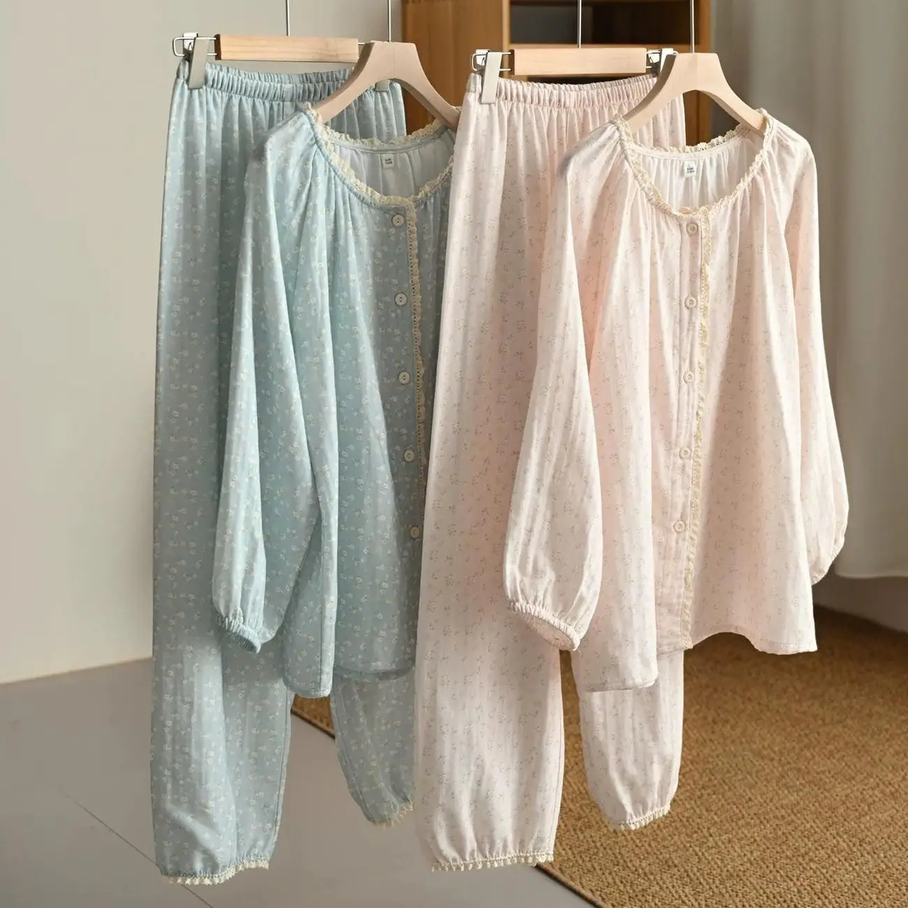Ladies Soft Cotton Double Gauze Pajamas Set Long Sleeve Button Up Sleepwear Casual Full Length Lounge Pants Pyjamas Set Homewear