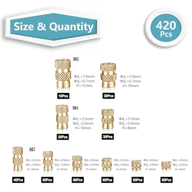 A67P-420Pcs M3/M4/M5 Threaded Inserts Assortment Kit For Components,Brass Knurled Nuts,Insert By Heat Into Plastic Parts