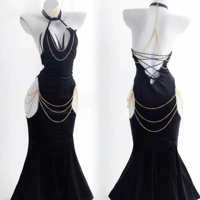 أزياء أنيمي أفرلورد ألبيدو التأثيرية فستان قفاز ملفوف على الورك مفتوح المنشعب تنورة ذيل السمكة حورية البحر السوداء للهالوين العود