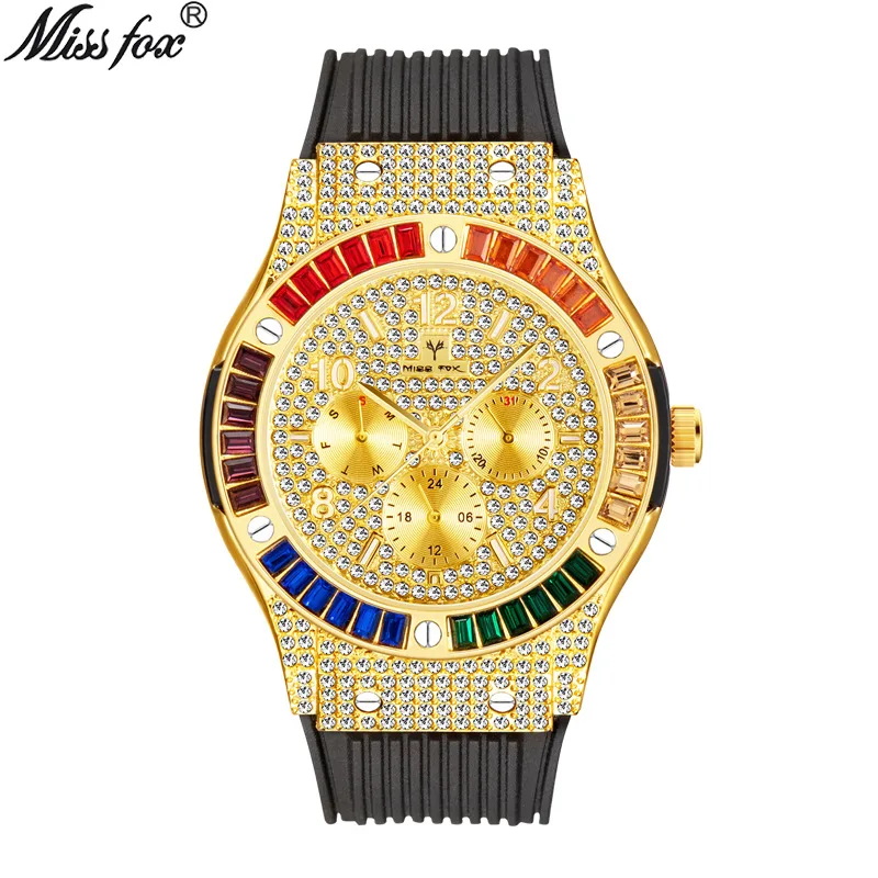 

Official brand free shippingPopular European and American Fashion High-End Rainbow Square Diamond Silicone Band WaterproofMen's