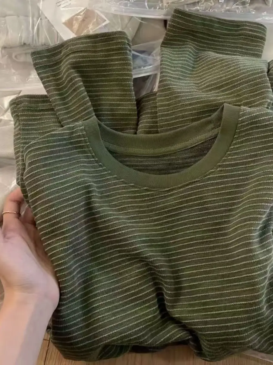 Loose Long Sleeve Women's T-shirt Green Stripe round Neck Base Shirt Spring 2026 New Style Comfortable Lazy Fashion Top
