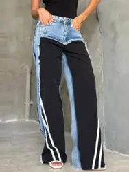 New Spicy Girl Low Waist Contrasting Splicing Denim Wide Leg Pants Street Wear Y2K Retro Fashion Side Striped Straight Leg Jeans