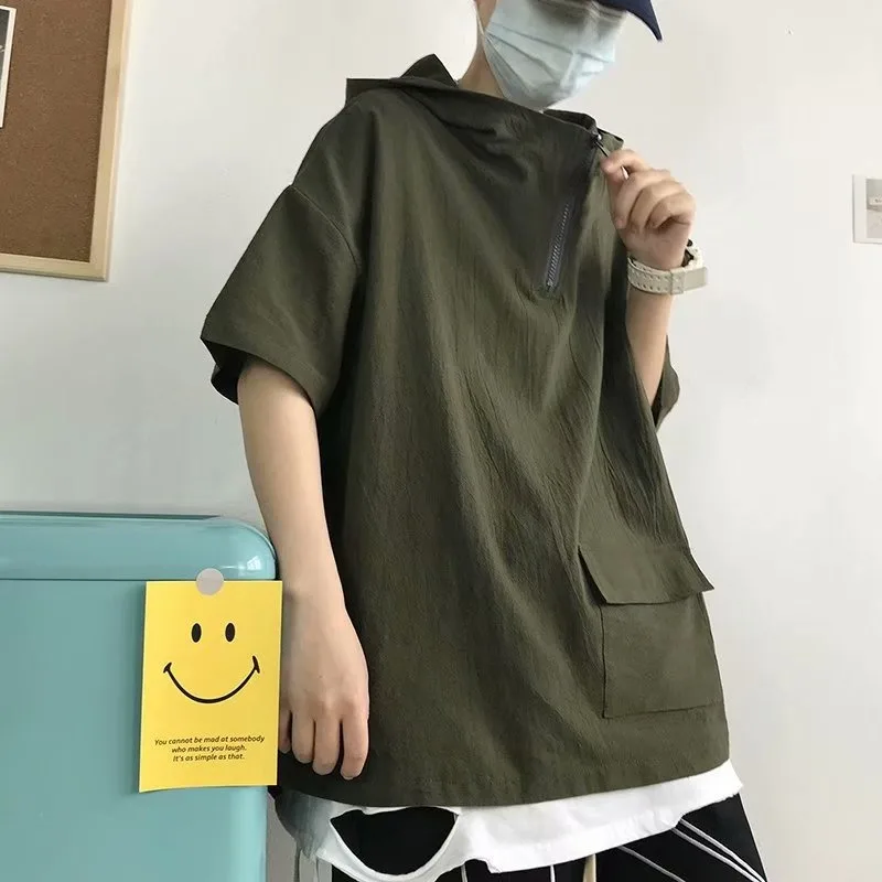 American Retro Half Zipper Short Sleeved Hooded Oversized T-shirt 2026 Summer New Casual Loose T-shirt Tops Streetwear Men