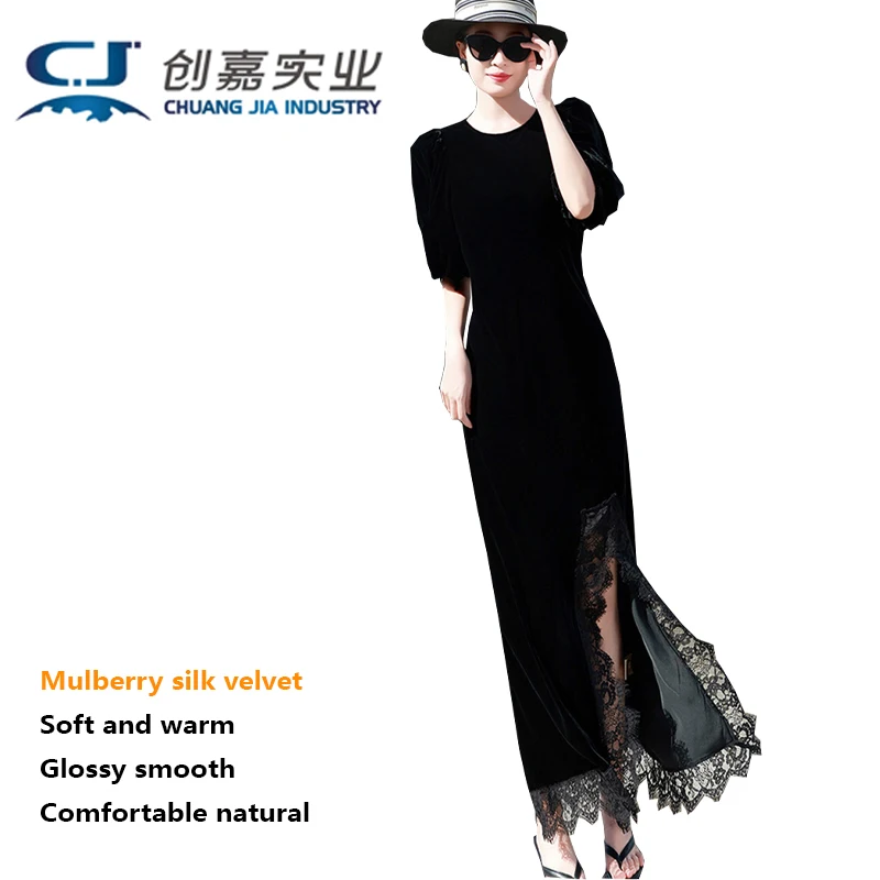 

Шелковое бархатное платье для женщин. Элегантное благородное длинное платье с короткими рукавами и круглым вырезом, с кружевным декором.