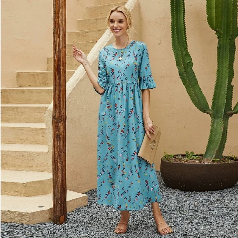 European and American Women's 2023 Summer Fashion Doll Dress 5/4 Sleeves Ruffled Large Swing Dress