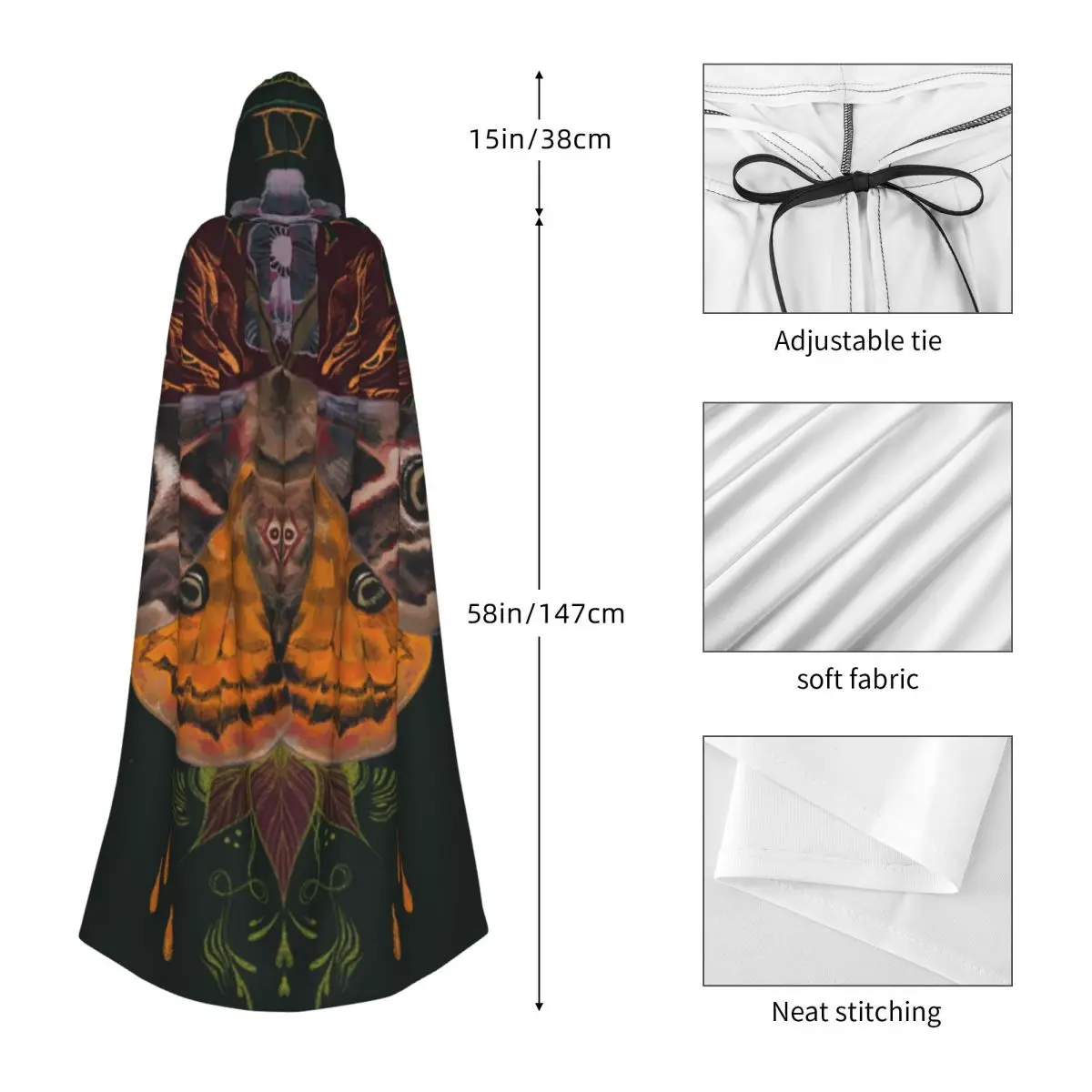 أجنحة العثة عباءة طويلة مقنعين الساحرة القرون الوسطى زي تأثيري كيب هالوين معطف الكبار للجنسين