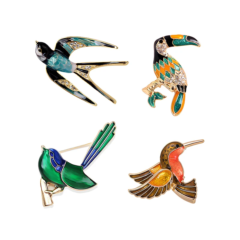 Cute Bird Brooch 4 Style Set Exquisite Rhinestone Enamel Animal Hummingbird Sparrow Toucan Swallow Design Brooches Factory Price