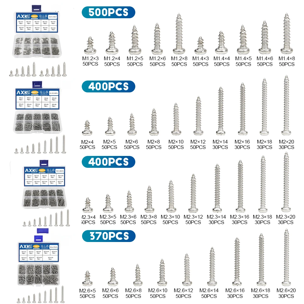 AXK  370/400/500pcs Round Pan Head Small Screw Stainless Steel Cross Recessed M1.2-M2.6 Self Tapping Electronic Mini Screw