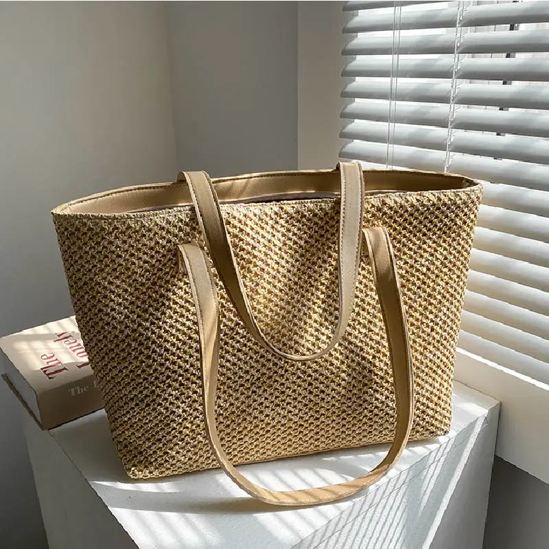 2023 Summer Beach Straw Women\'s Bag Large Capacity Shopper Tote Women Pure Color Shoulder Makeup Bag Casual Female Purse Handbag