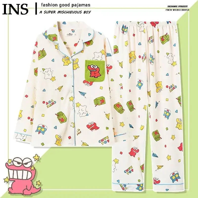 Cartoon Anime Crayon Shin chan Nightwear Cotton Yarn Couple Home Clothes Girls' cardigans Long sleeved set Autumn loose casual