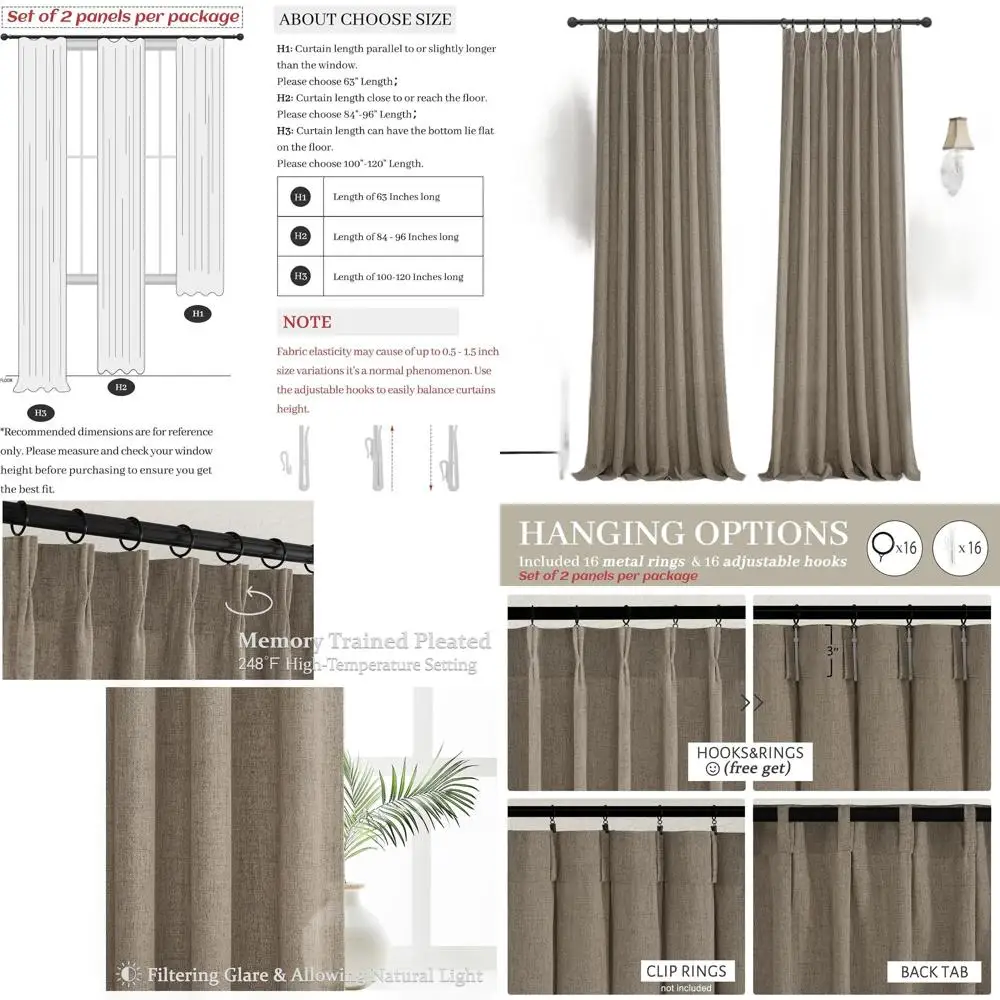 

Memory Foam Pinch Pleated Linen Sheer Curtains, 96 Length, 2-Panel Set for Privacy and Light Filtering in Living Spaces