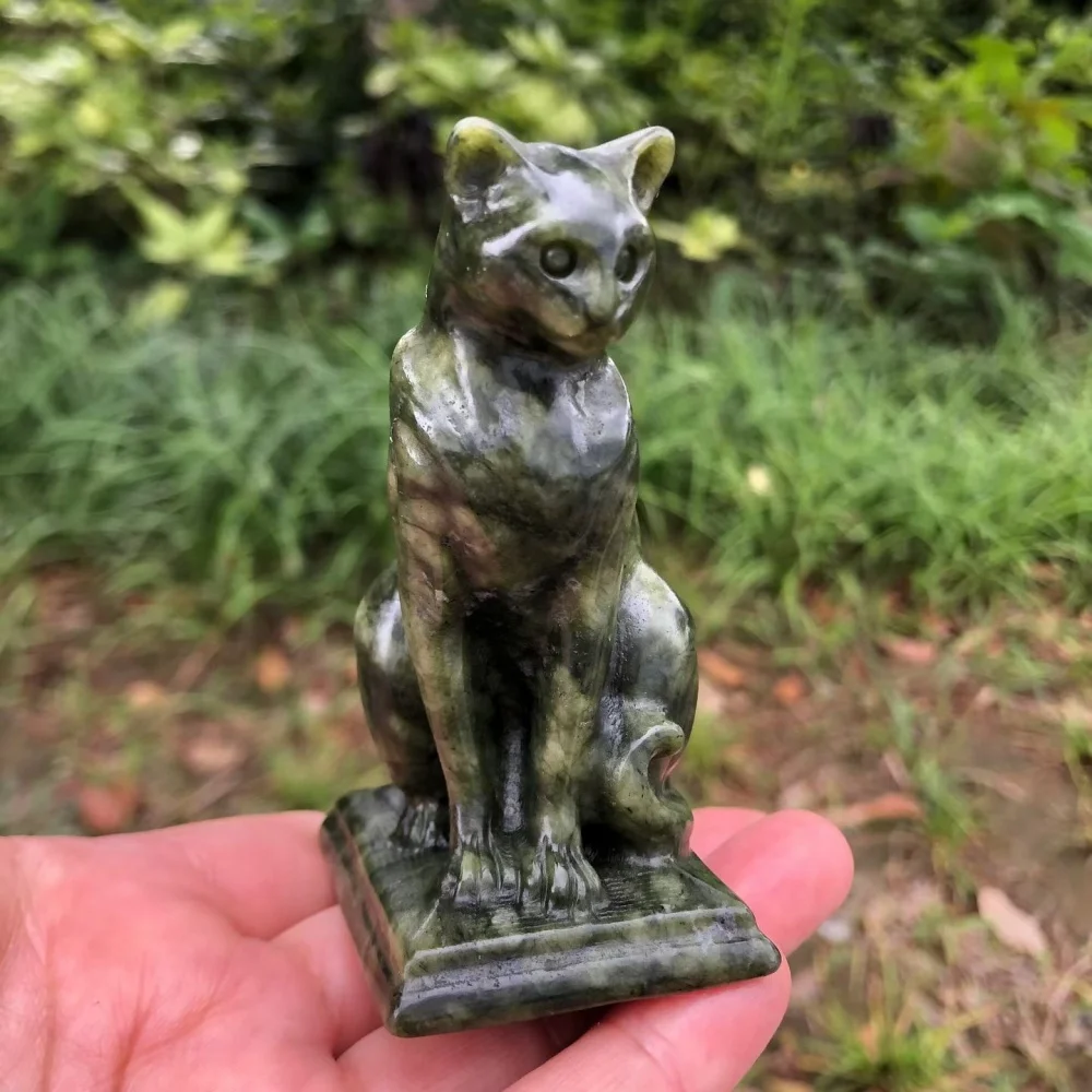 8cm Natural Green Jade Ophiolite Cat Statue Healing Fengshui Energy Gemstone Craft Christmas Gift One Piece