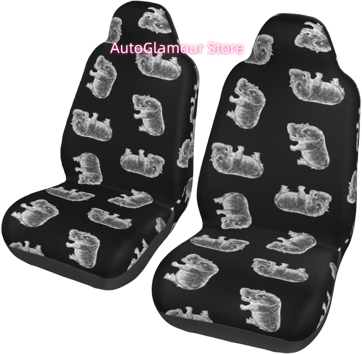 Vintage Hippo Print Pattern Hippopotamus Art Black 2-Piece   Seat Cover Complete Set - Elastic Seat Protection Cove