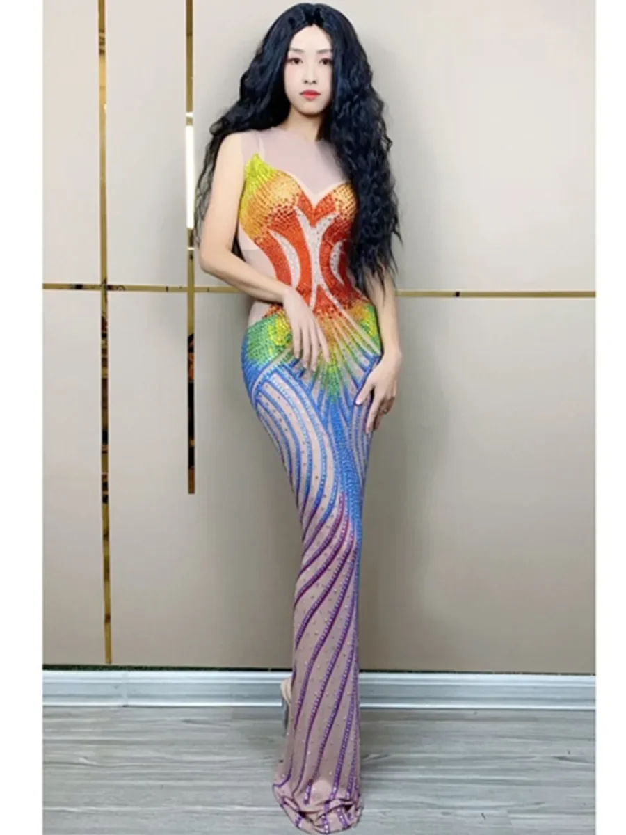 

Elegant Colorful Rhinestone Long Women Dress Elastic Mesh Dress Party Dinner Photograph Wear Singing Stage Performance Clothing