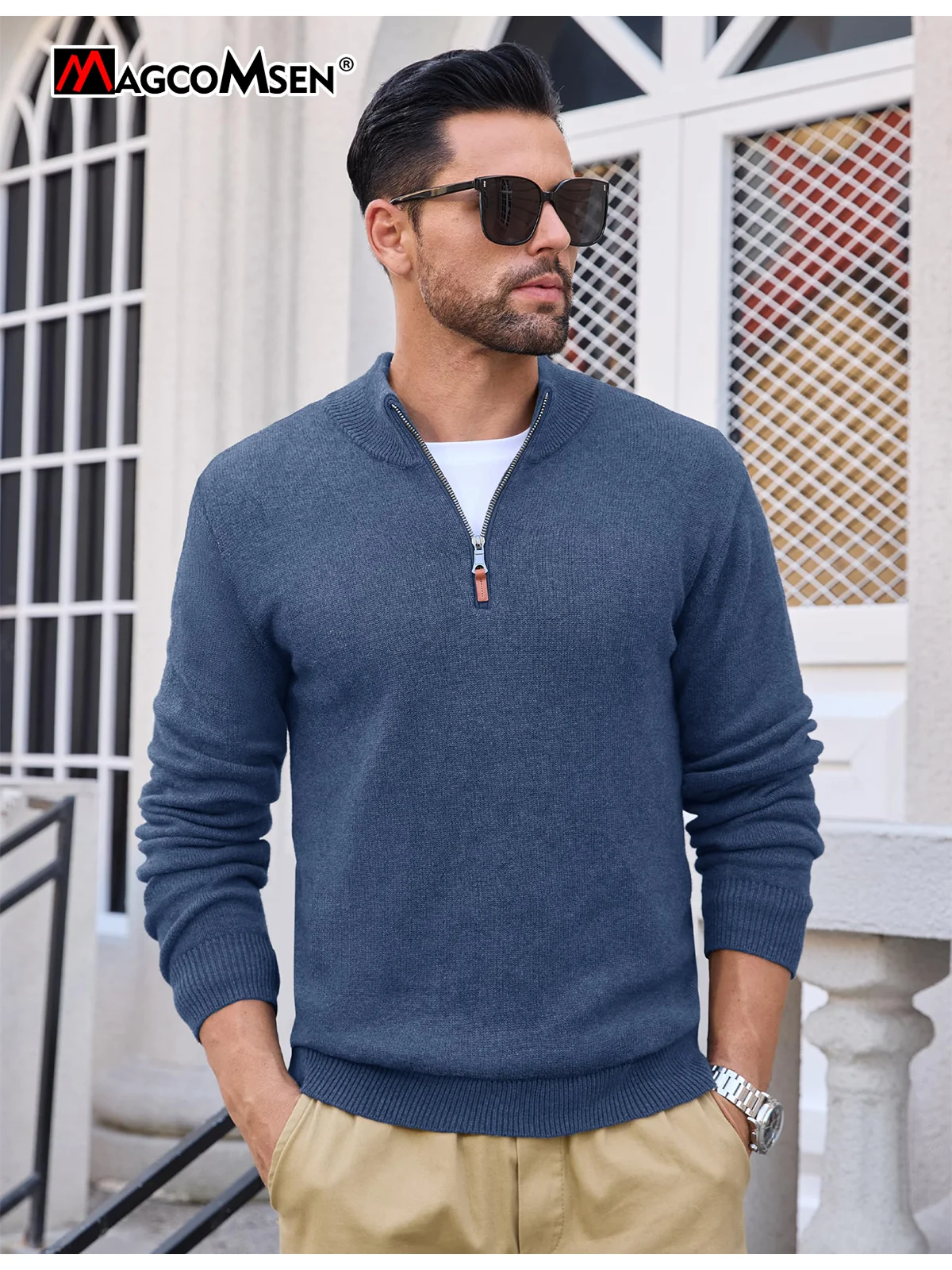 MAGCOMSEN Cotton Sweaters Mens 1/4 Zip Pullover Turtleneck Sweater Fall Winter Warm Sweatshirts Business Commuting Sweaters Male