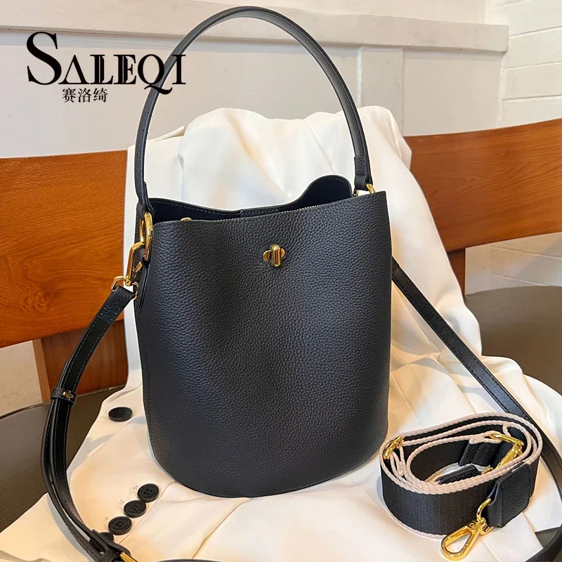 New soft cowhide bucket bag with wide shoulder straplarge capacity contrasting color handbag commuting women's bag