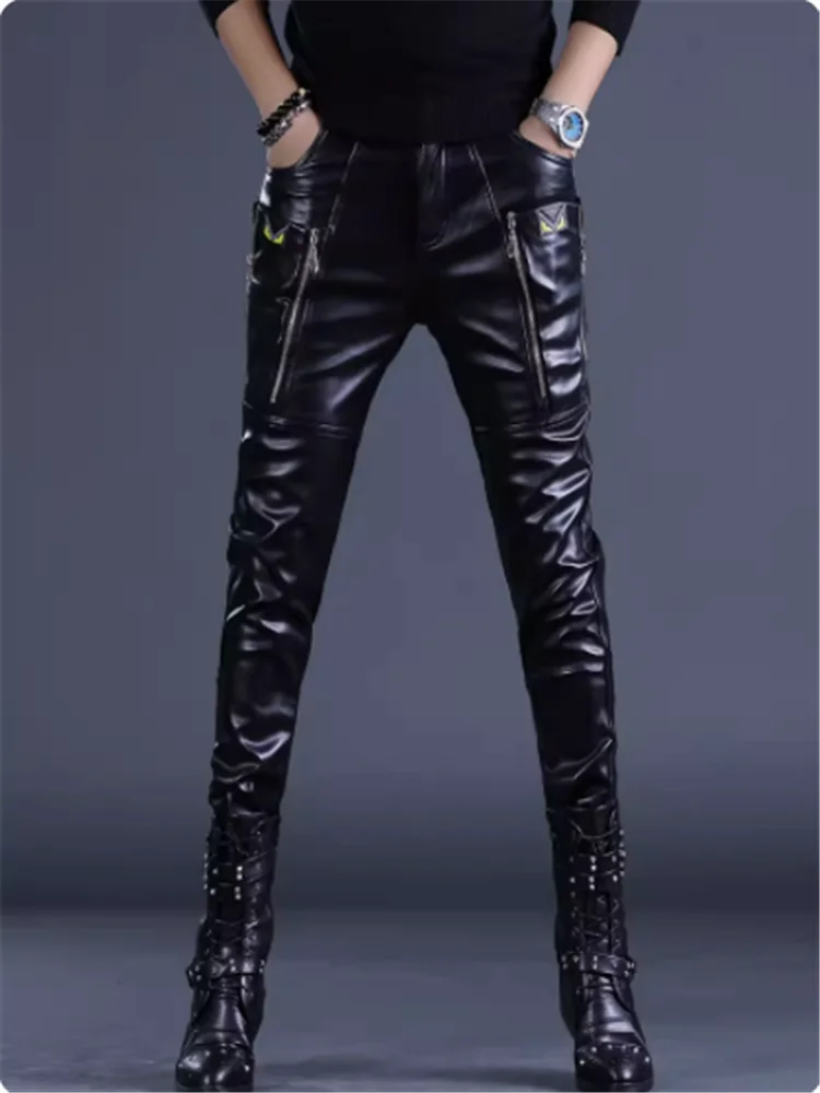 2023 Winter men's thermal leather pants stage show pants Motorcycle rider delivery rider windproof pants