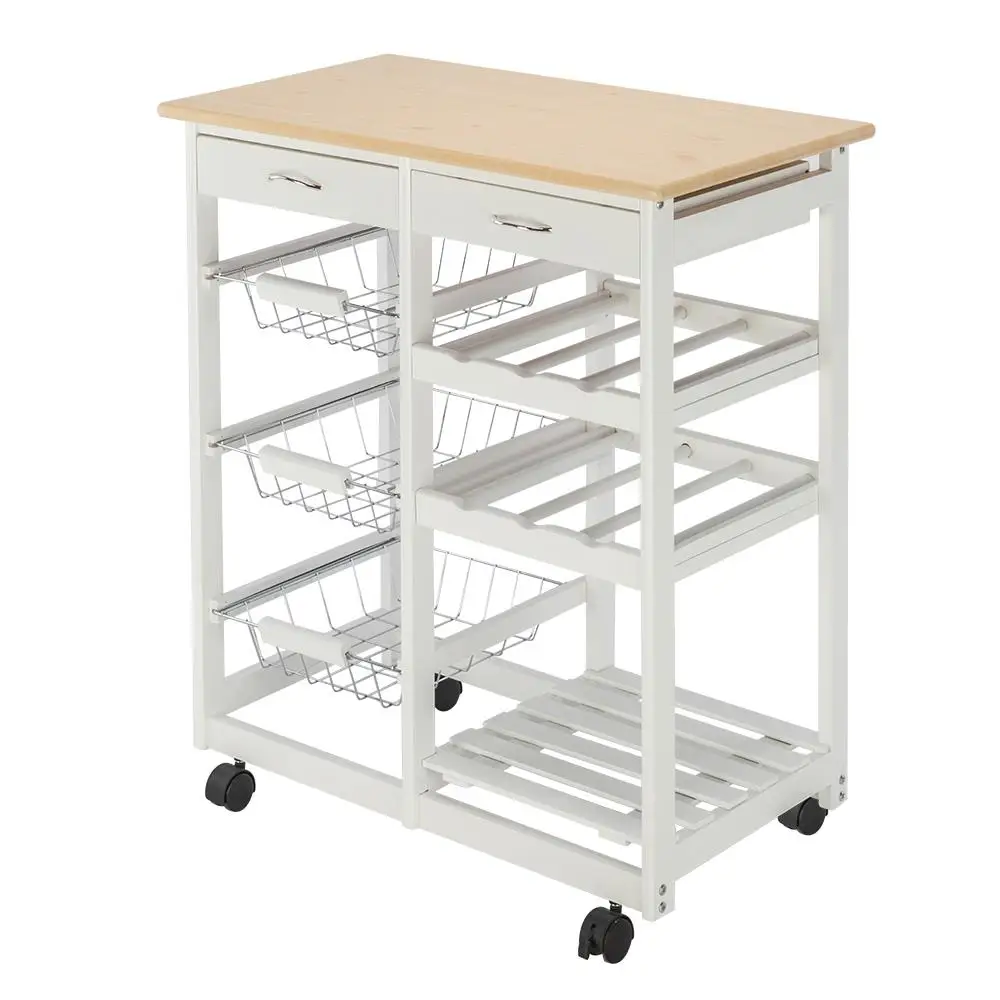 Stylish Moveable Kitchen Cart with 2 Drawers, 2 Wine Racks & 3 Baskets - White Storage Solution