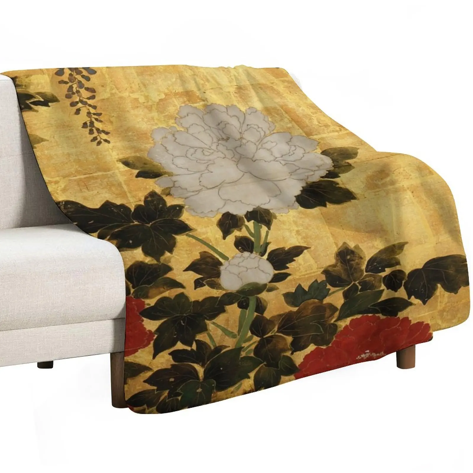 Vintage Japanese Floral Gold Leaf Screen With Wisteria and Peonies Throw Blanket Camping Beautifuls Flannels Sofa Throw Blankets