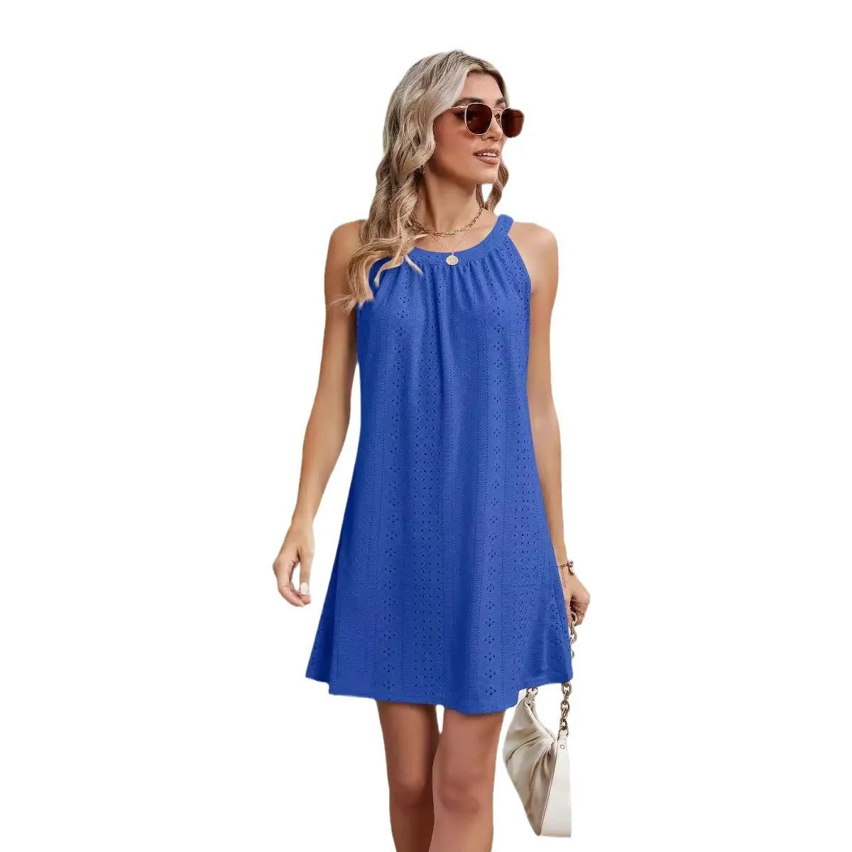 فستان نسائي قصير للشاطئ صيفي غير رسمي مفرغ بلون سادة لتغطية السباحة فساتين كروشيه فضفاضة بدون أكمام #5