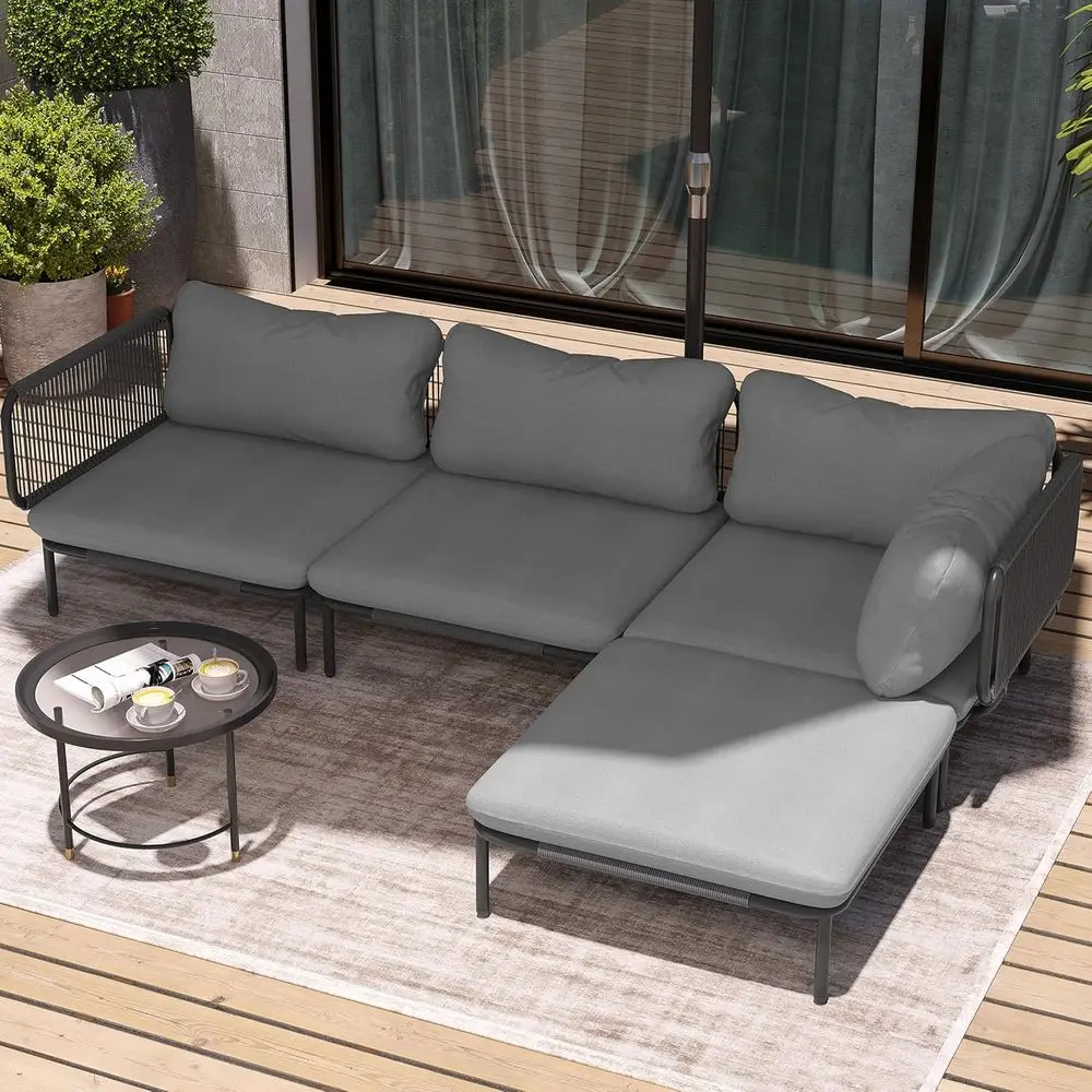 

4-Piece Outdoor Sectional Sofa Set, 31 Large Patio Furniture with Polyester Woven Rope, Weatherproof Metal Frame, and Removable