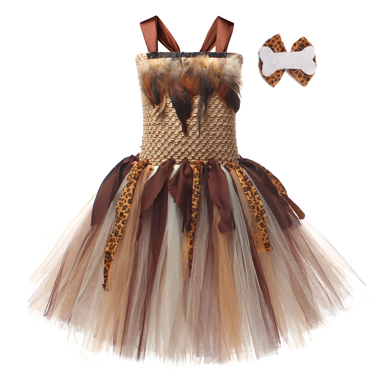 Girls Cave Leopard Tutu dress for Halloween Costume Kids Wildman Indigenous Primitive Outfit  Halloween Carnival Party Clothing