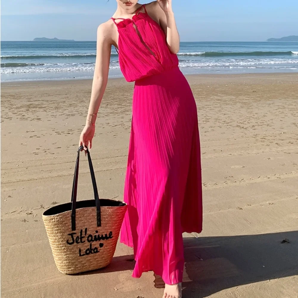 Sexy Halter Backless Pleated Dress Retro A-line Chic Deep V-neck Casual Beach Vacation Slip Dress Women Summer Vestidos