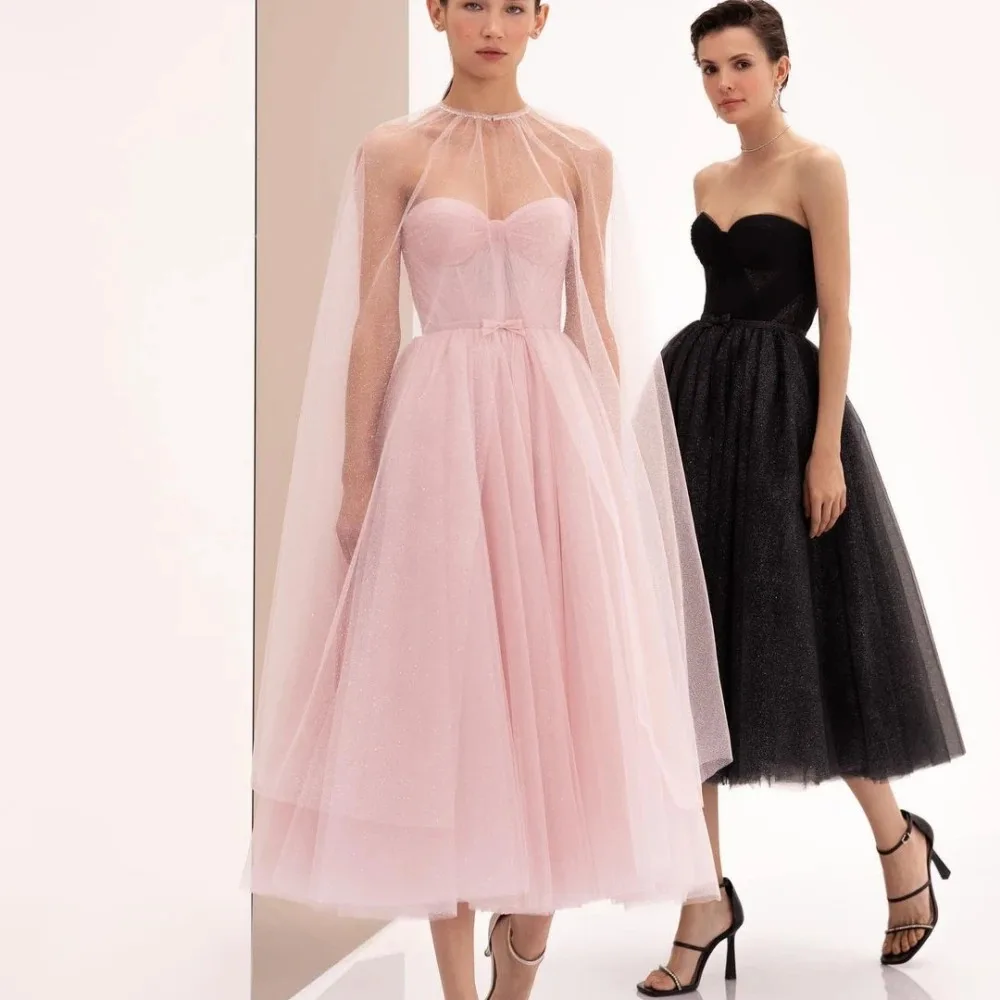 

Simple Strapless A-line Bows Layered Tulle Stole Net/Tulle Anke length Evening elegant vestidos de noche