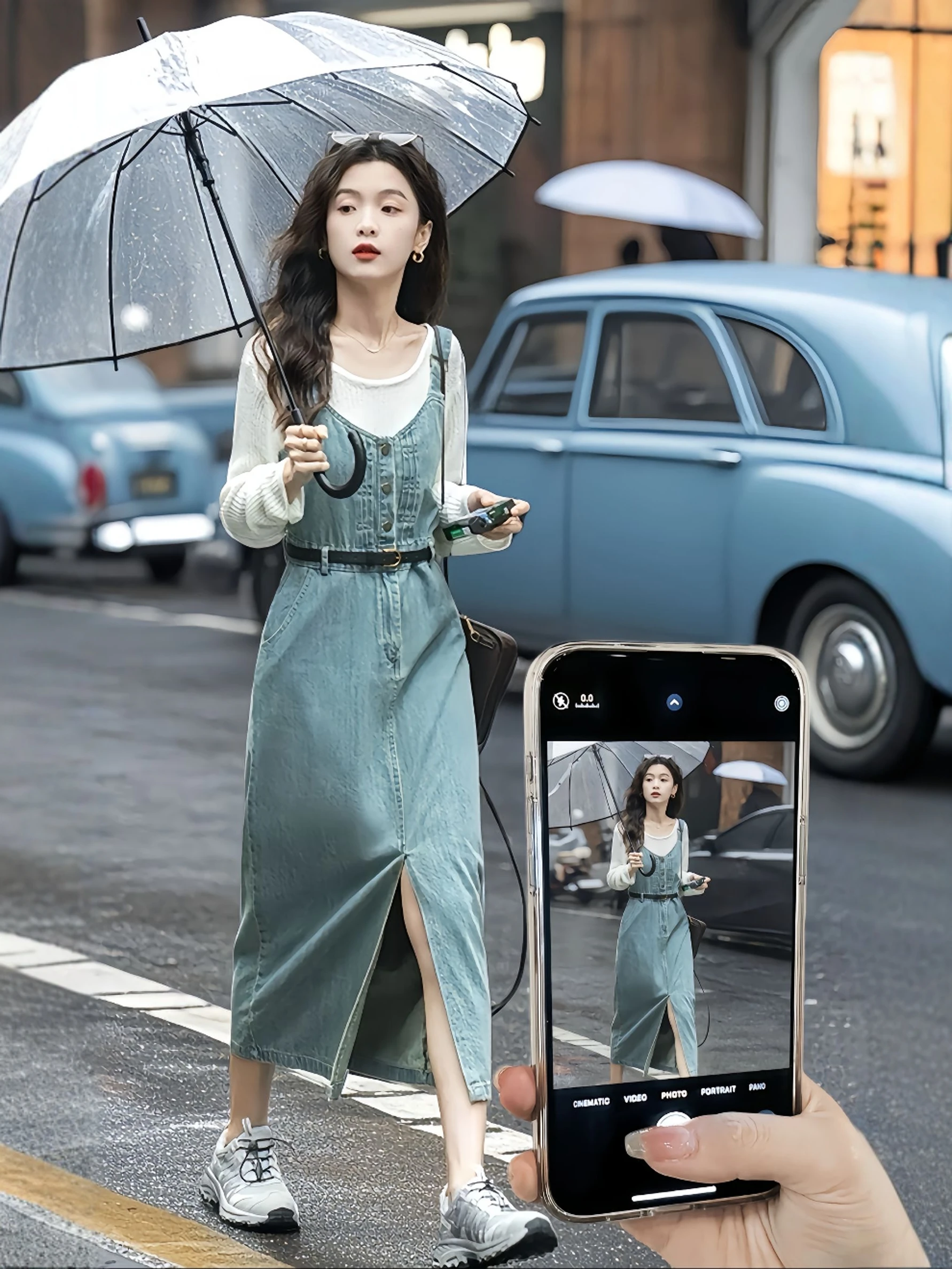 

Комплект из двух предметов: трикотажный джемпер и джинсовый комбинезон больших размеров для женщин, модный, омолаживающий, премиум-класса, весенний, повседневный, с длинным рукавом, круглым вырезом